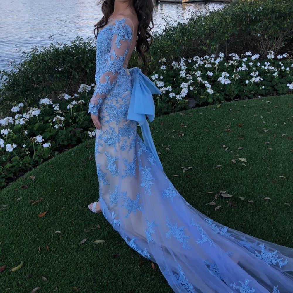 Baby blue and tan long formal dress